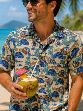 Kahala Vintage Hawaiian Turtle and Hut Print Button Down Tee Sz M 90s
